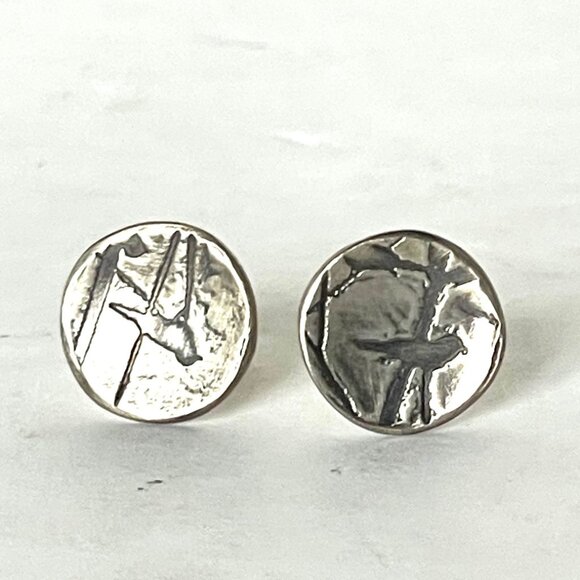 Bird & Tree Sterling Silver Stud Earrings Womens Handmade Argentium Silver - Picture 2 of 5